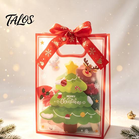 Small Gift Sacks for Christmas Bags with Handles, Reusable Clear PP Treat Dessert Packaging Candy Apples Cookies, Holiday Party Favor Ribbon Bow Eve