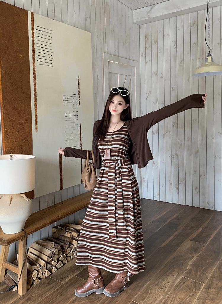 

New Plus Size Casual Striped Dress & Cardigan Set for Women 2XL кофейный