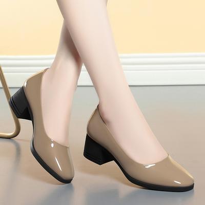 Bright Leather French Evening Breeze Gentle Shoes Mid-heel with Skirt Nude Single Shoes, New Spring and Summer Square Head Small Leather Shoes