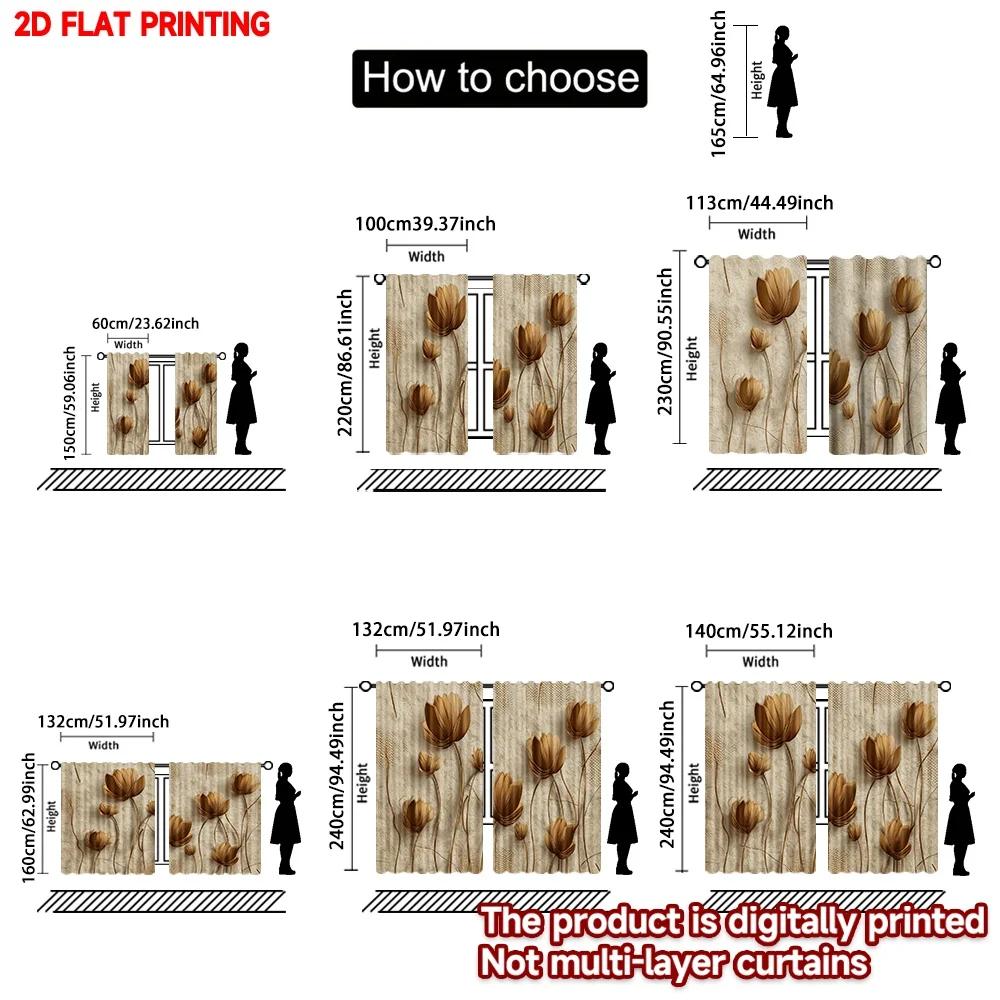 Flower Curtains Flat Digital Printing Brown Embossed Blossom Design Light Background Bedroom Living Room Decor Set Of 2 Made Polyester Sitting