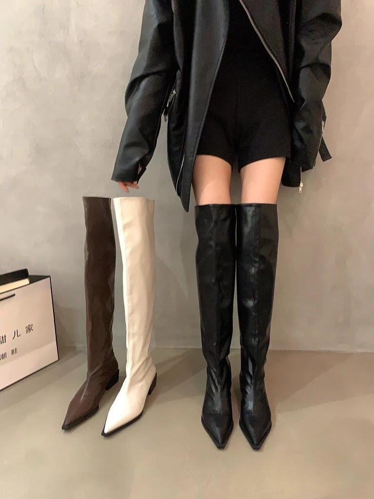 Thick Heel Black Over Knee Pile Long Boots Women's Shoes 2025 New Autumn and Winter Pointed Skinny Knight Boots