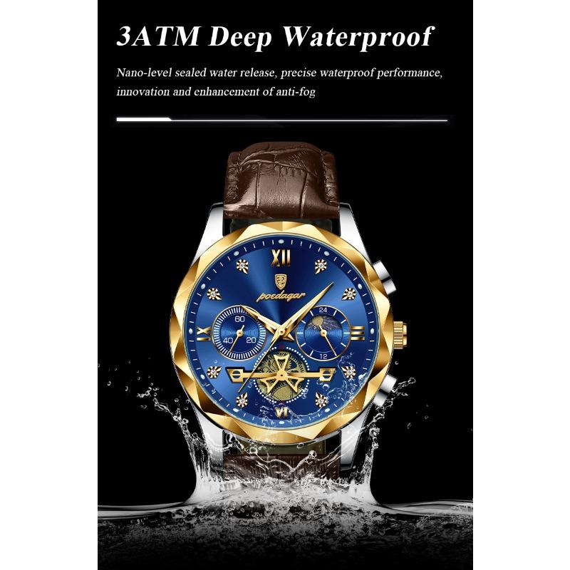POEDAGAR Luxus-Armbanduhr für Herren Sport Leder Quarz-Uhr Wasserdicht Leuchtend Chronograph Uhren Männliche Uhr Reloj+Box