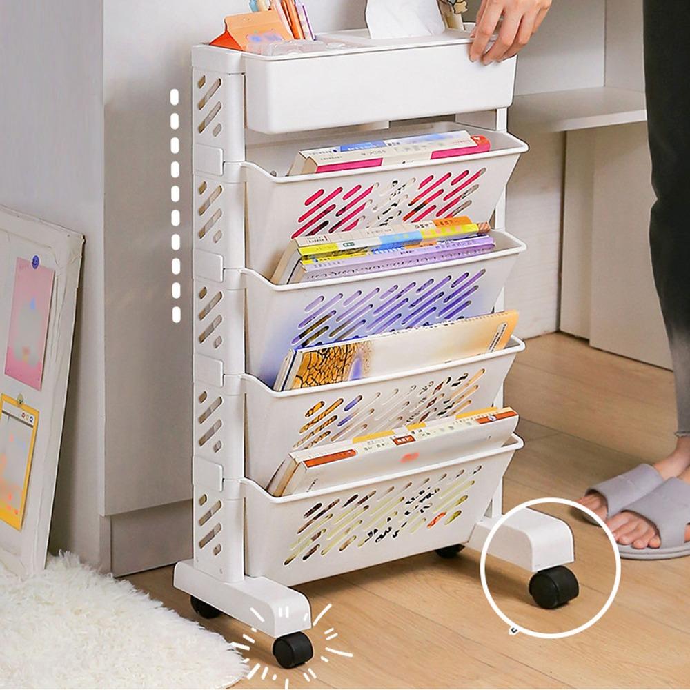 Plastic Mobile Bookcase Removable Storage Cart Durable Rolling Bookshelf Space Saving