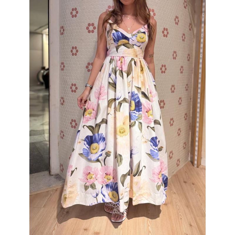 Damen Elegantes Urlaubsstil Blumenmuster Schnürung Ärmellos Langes Kleid