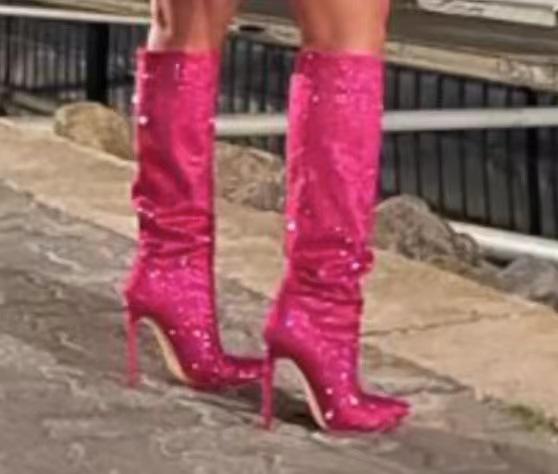Nuovi Stivali Alti Fino Al Ginocchio Stiletto a Punta Acuta con Punti Stellati Baby'S Breath Europei e Americani, Stivali da Sfilata da Donna Taglie Forti
