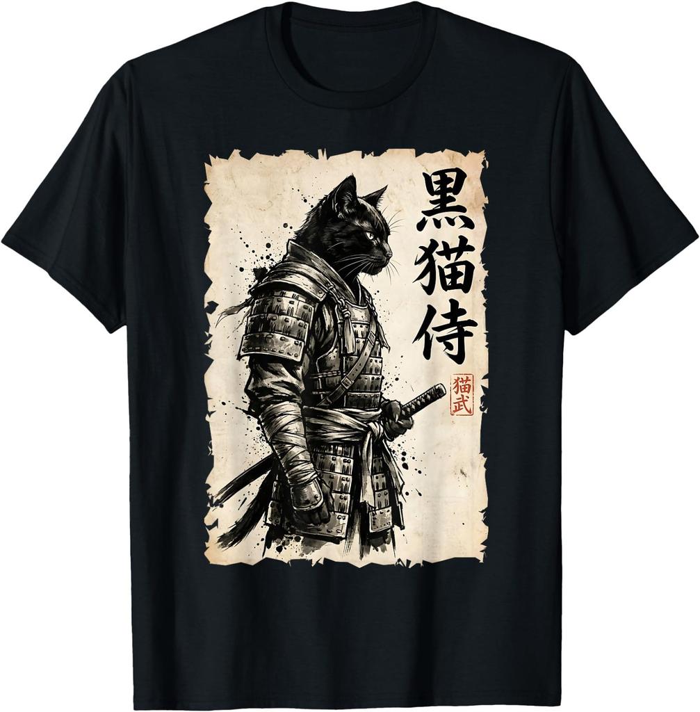 Funny Samurai Cat Warrior Anime Japanese Art Kawaii Graphic Tees T Shirts