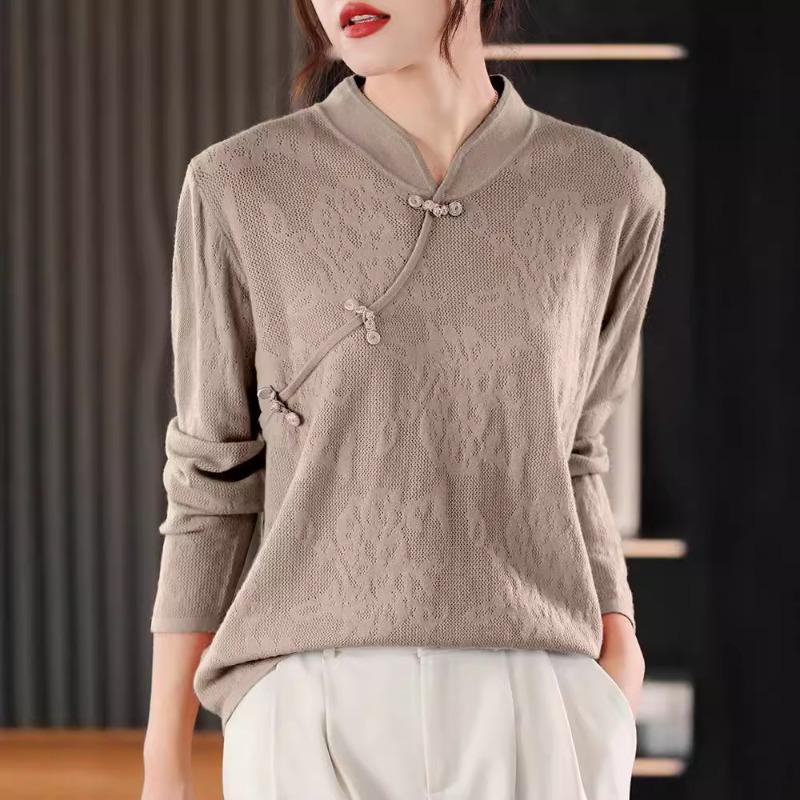 New Medium and Retro Buckle Sweater Women's Diagonal Placket Stand-up Collar Solid Color Temperament Bottoming Knitted Sweater Women