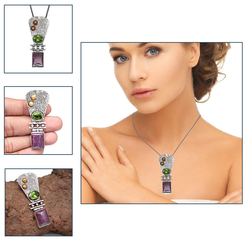 Ruby Zoisite Peridot Gemstone Mother's Day Silver Jewelry Pendant  2.25"