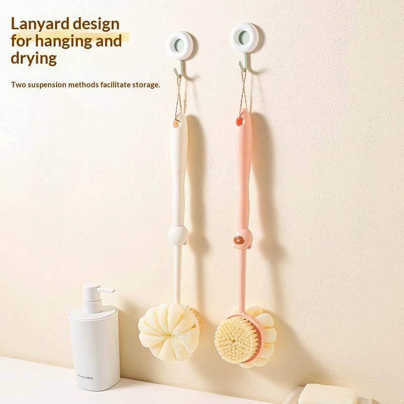 2 In 1 Long Handle Exfoliating Bath Brush Soft Bristles Loofah Puff Back Scrubber for Home Shower Body Cleaning