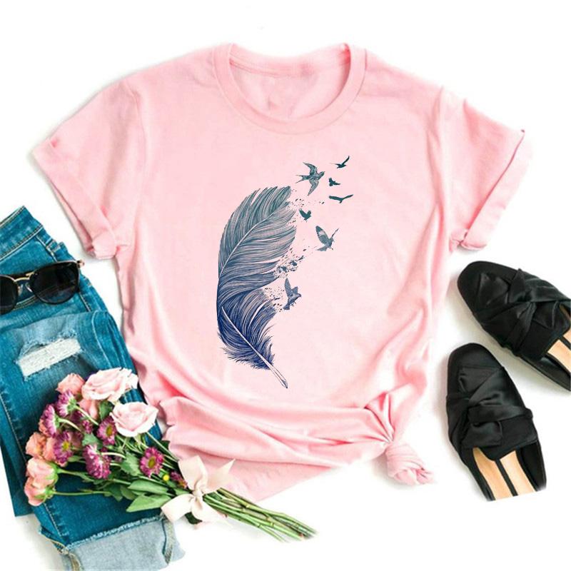 Women's T-shirt Watercolor Feather Graphic Printed T Shirt Women Short Sleeve Tshirt 90s Streetwear Female Clothes Tops