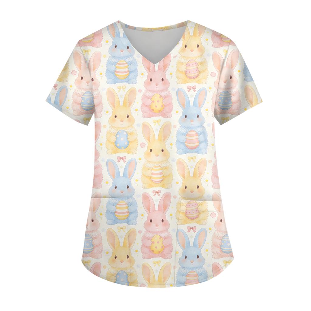Ladies' Easter printed fashionable V-neck pocket short sleeved uniform and caregiver top