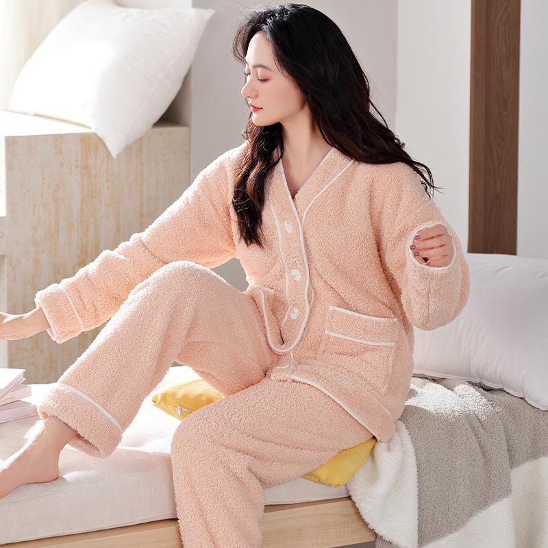 Pajamas Women'S Winter Coral Fleece Thickened Fleece Autumn And Winter Flannel Can Be Worn Outside Winter Loungewear