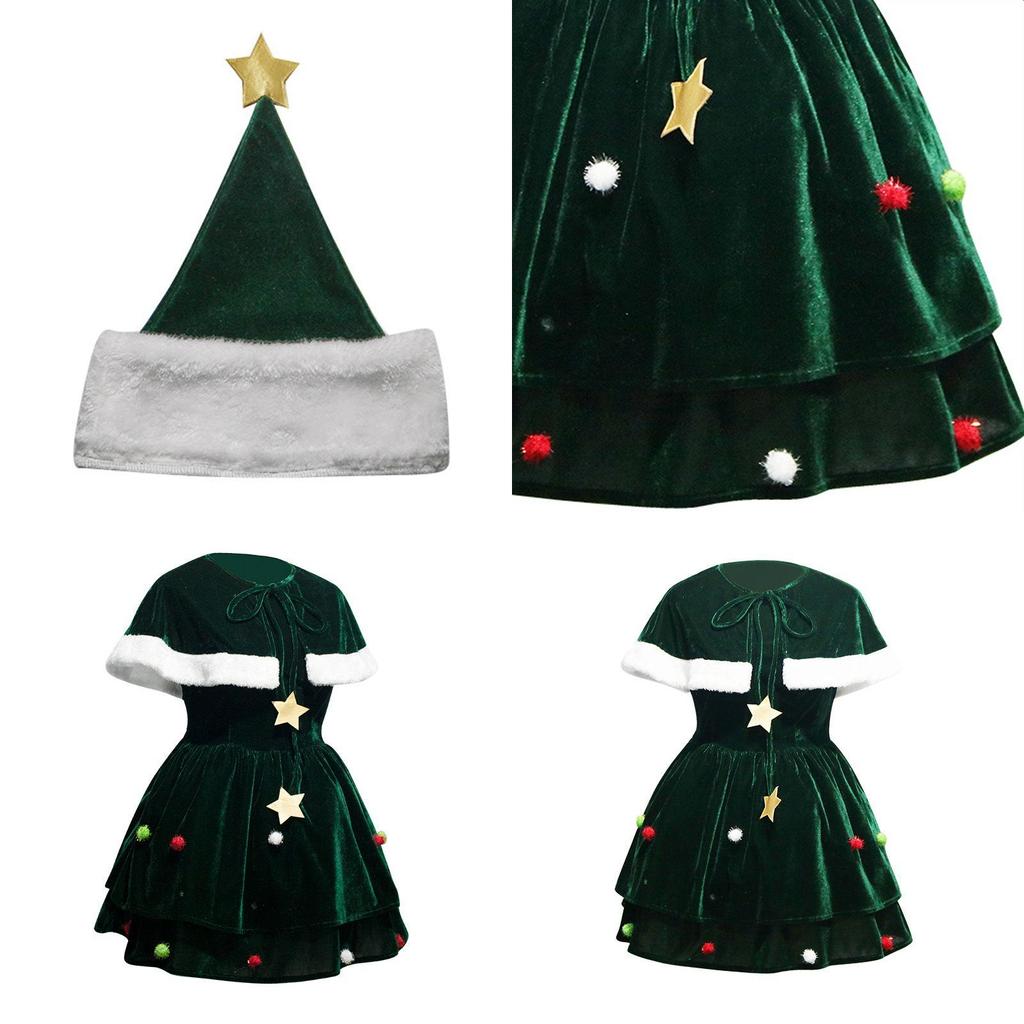 Classic Women Christmas Tree Costume Velvet Dress Cloak Hat Party Props Plus Size