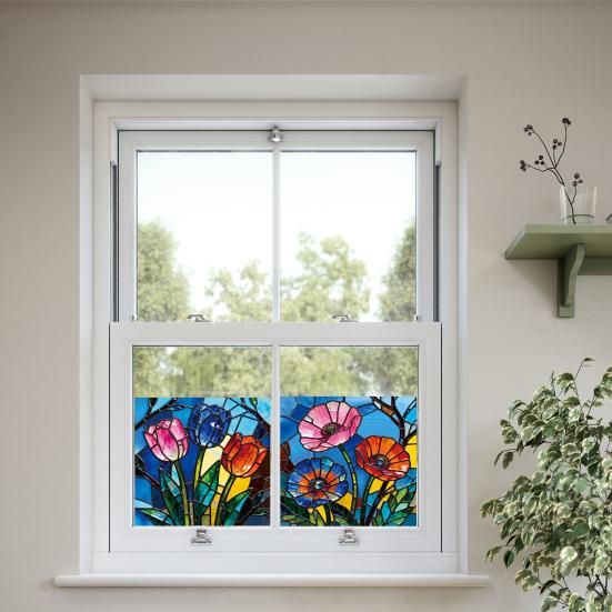 3 Pcs Stained Glass Flowers Window Privacy Film Colorful Floral Window Clings Sun Blocking Removable Static Stickers for Living Room Bathroom