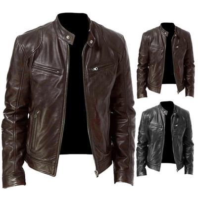 Herbst Winter Herren Stehkragen Reißverschluss Kunstleder Motorradjacke Kurzmantel
