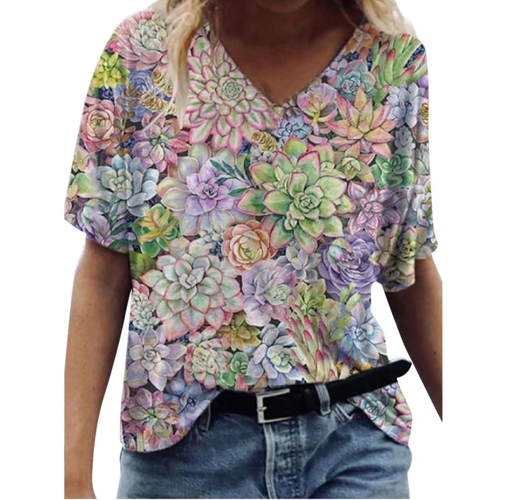 Women Tie-dye  Floral  Printed Colorful  Short Sleeve V Neck  Blouse Tops
