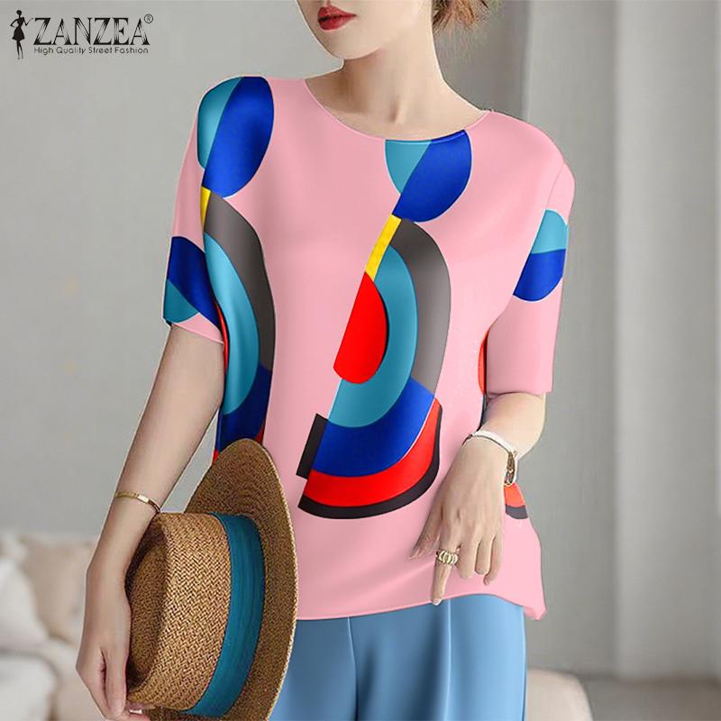 ZANZEA Women Casual Round Neck Loose Half Sleeve Print Blouse