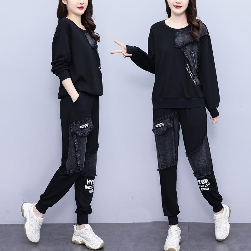 Spring and Autumn Suit Women's Loose Sweater Stitching Denim Printed Long-sleeved Two-piece Casual Plus Size Women's Clothing