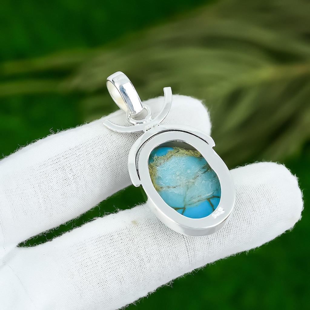 925 Silver Oval Natural Copper Blue Turquoise Sister Bezel Boho Birthday Pendant