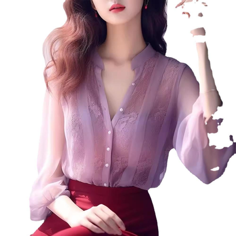 New Shirt Popular Fashion Purple Chiffon Long-sleeved Shirt
