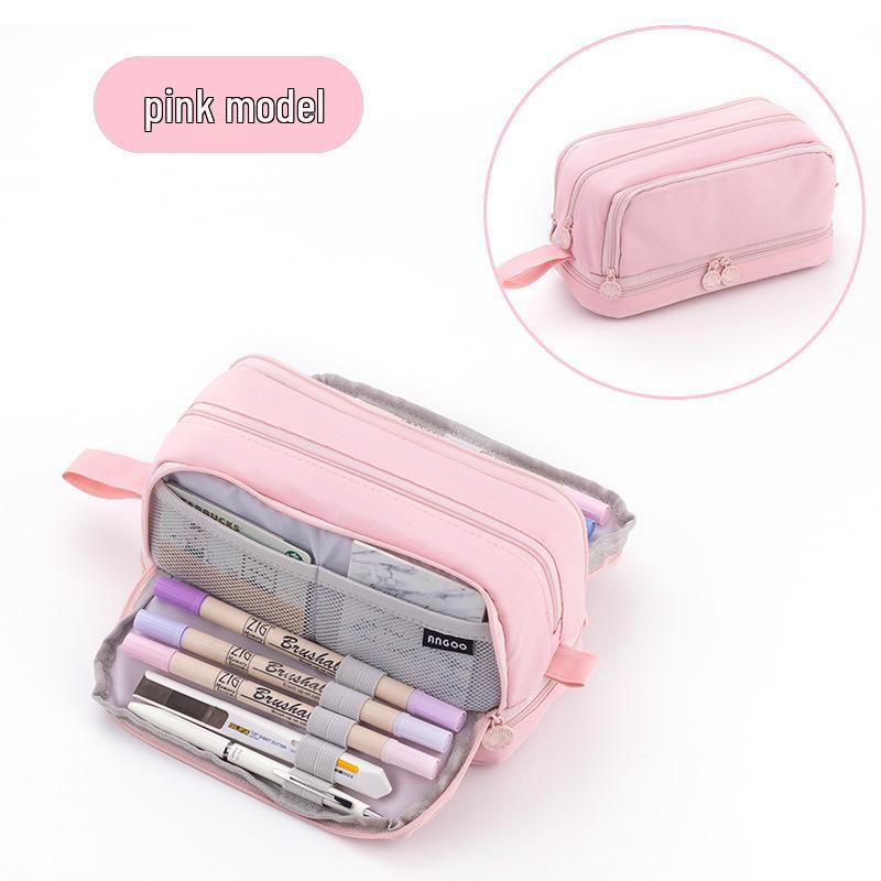 Double Layer Solid Color Pencil Case - Korean & Japanese Style, Large Capacity for Boys and Girls, Middle School Students
