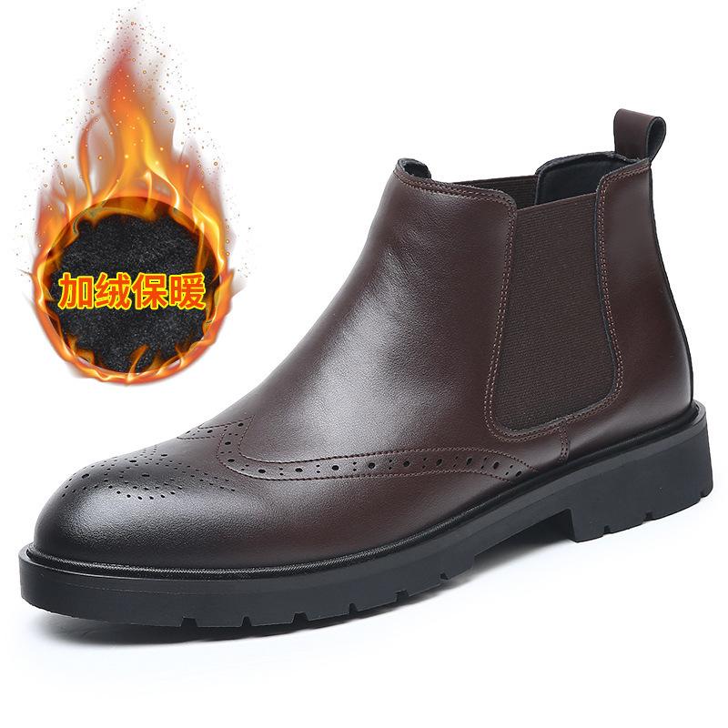 British Chelsea Short Boots Men's Gloves Martin Boots Fleece Versatile Brock Carved Business High Top Leather Boots