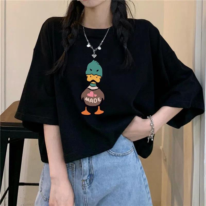 Summer Cotton Fashion Short Sleeved T-shirt Women's Black Lazy Style Small Loose Short Top