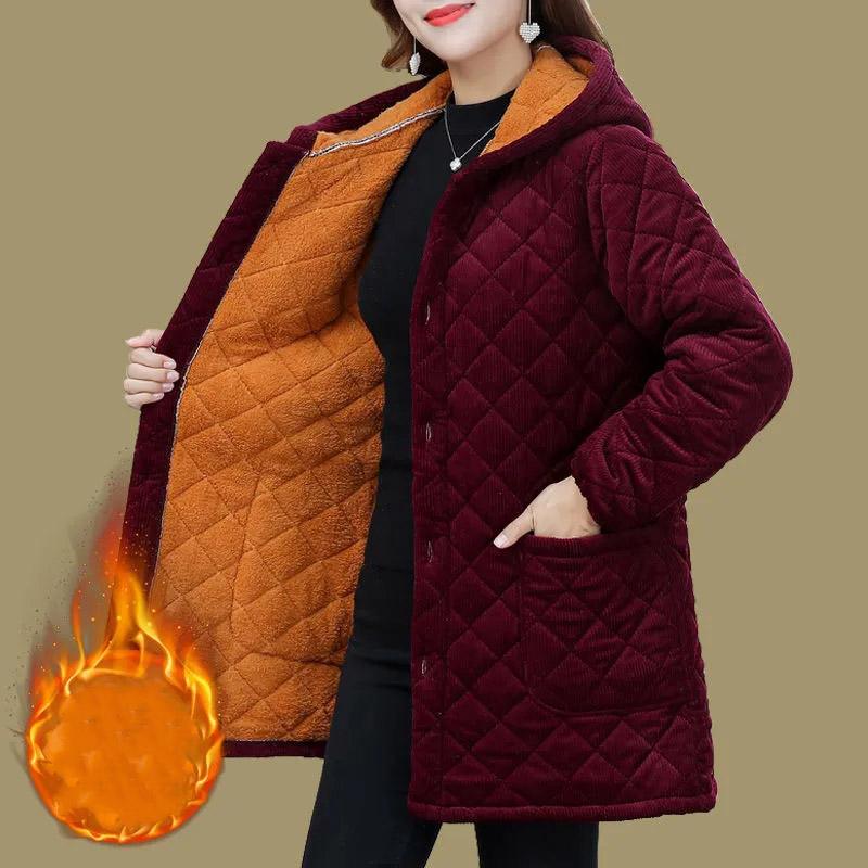 Mittellange Baumwolljacke für Damen, Herbst- und Wintermode, plus Daunen, warm, große Yards, dumme einfarbige Jacke