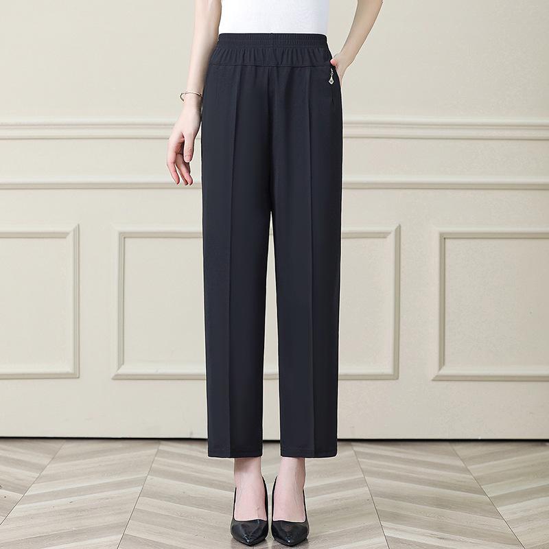 Summer Ice Silk Elastic Waist Pants for Middle-aged Women: Stretchy, Straight-leg Casual Wear for Comfort.