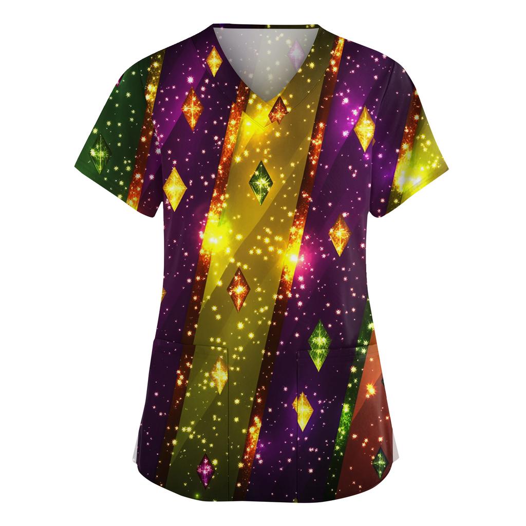 Women's Fashion V-Neck Short Sleeve Overalls With Pockets  Print Tops  Clothes