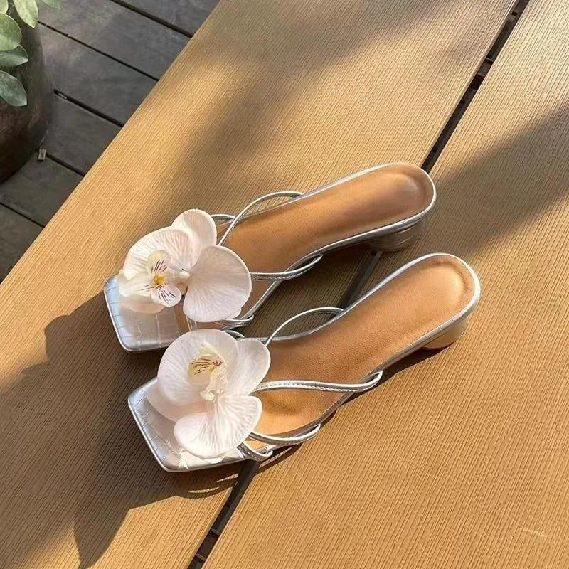 Fashion Shoes Female 2025 Brand Open Toe Women's Slippers Fashion Floral Dress Summer New Narrow Band Square Toe High Heelszapatos Mujer