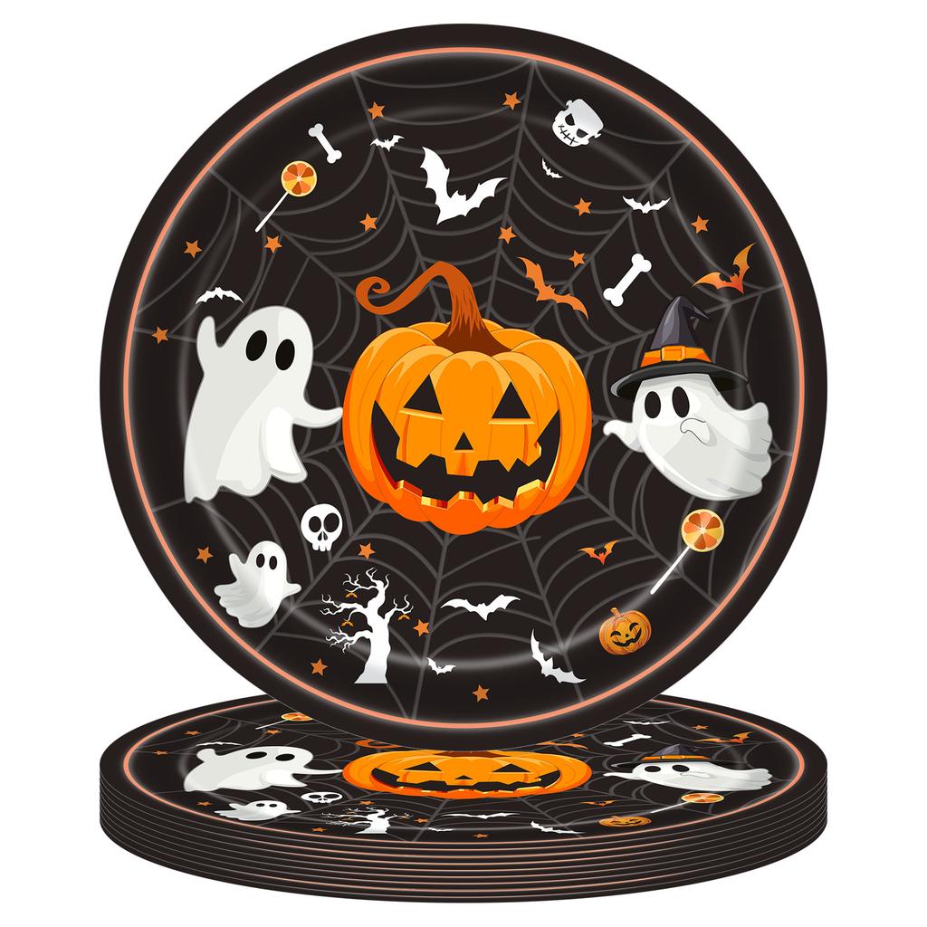 Orange Halloween Disposable Plate Set, Ghost Pumpkin Theme Party Supplies, 22 Pack