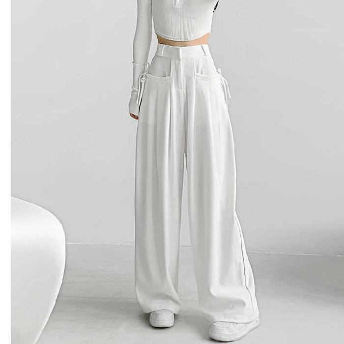 Vintage Style High-waisted Drape Trousers Women Design Sense Side Lacing Fluttering Casual Straight Wide Leg Pants