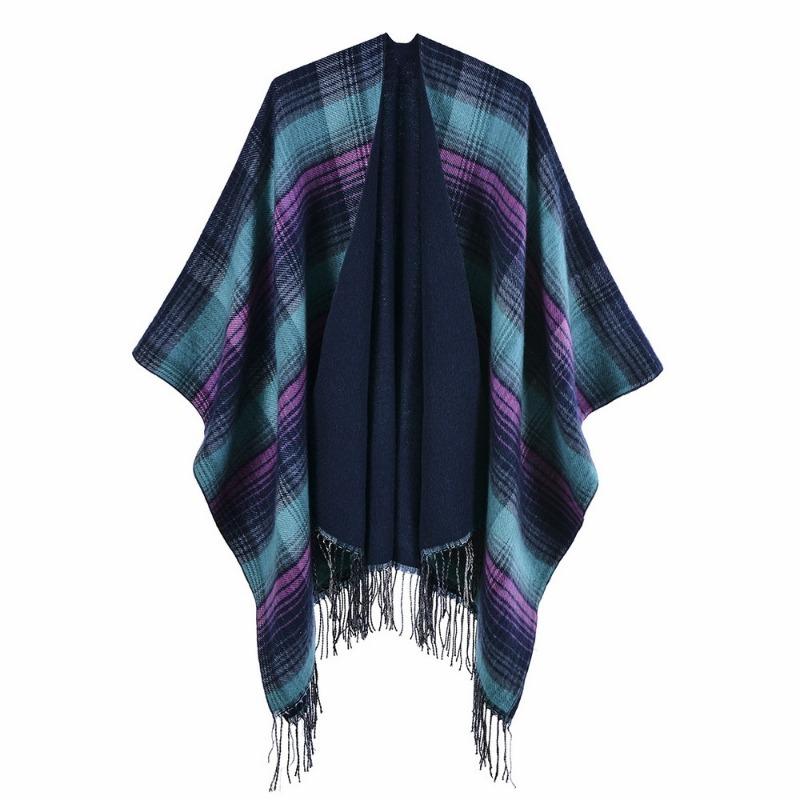Scottish Classic Plaid Tassel Thick Warm Split Shawl Cape