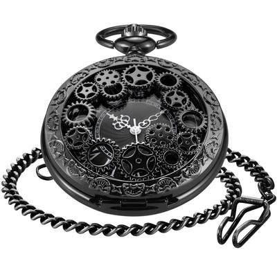 Steampunk Steel Vintage Hollow Black Gear Hollow Quartz Pocket Watch Necklace Pendant Clock Chain Men's Women's