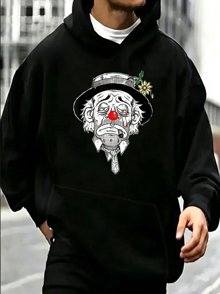 Streetwear Style, Hoodie, Sad Clown with Red Nose And Flower Hat Graphic, Casual Daily Wear Fall Winter, Gift for Boyfriend Or Fri