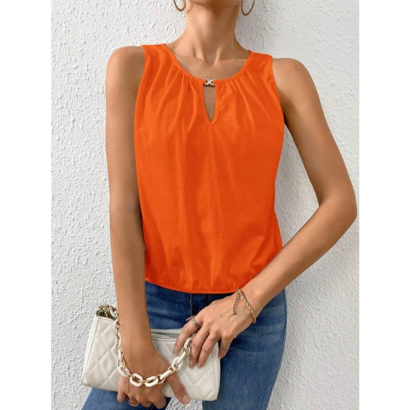Nuova camicetta estiva ampia senza maniche con scollo rotondo da donna, camicia casual da ufficio alla moda, canotta a tinta unita, elegante, sexy, semplice, con intagli, top e canotta.