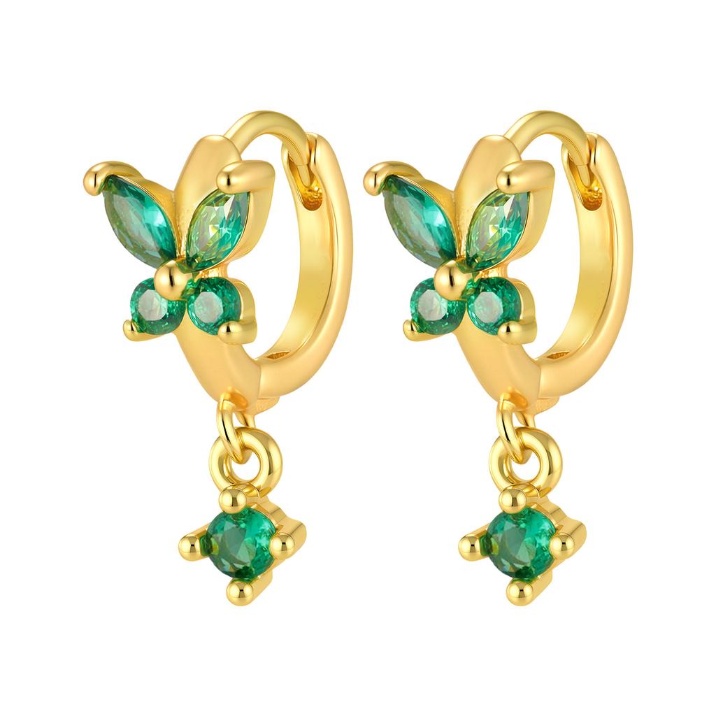 VNox Trendy Crystal Green Zircon Stone Cute Butterfly Hoop Earrings for Women Classic Gold Color Exquisite Wedding Jewelry