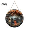 Halloween Party Home Ornament Witch Hanging Sign 8" Round Wooden Door Autumn Forest Porch Wall Decoration Witches Rustic Holiday Sign for Front