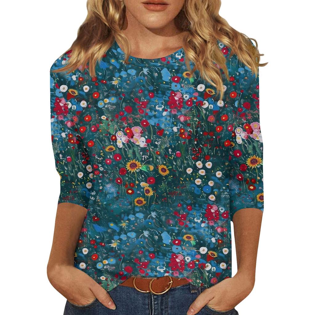 3/4 Sleeve Shirts For Women Cute Print Graphic Tees Blouses Casual Plus Size Basic Tops Pullover
