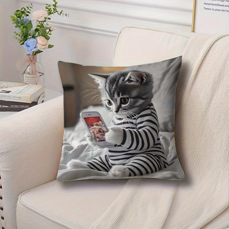 

1pc Cat-Themed Pillowcase - Cute Kitten in Striped Pajamas Using Smartphone Suitable for Sofa Bed Chair - Decorative 45x45cm