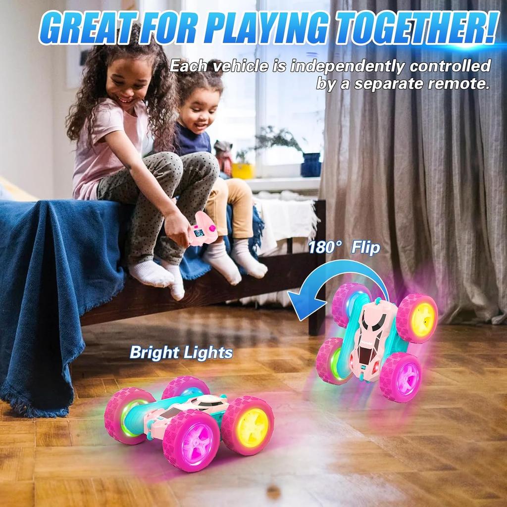 Pink Remote Control Car for Girls 6-12 Year Old Double Sided 360Captive Rotating 4WD Rechargeable RC Cars Race Stunt Toy Car for Kids Birthday