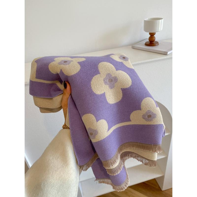 Autumn and winter versatile double-sided two-color flower design dual-purpose extended warm imitation cashmere scarf shawl women