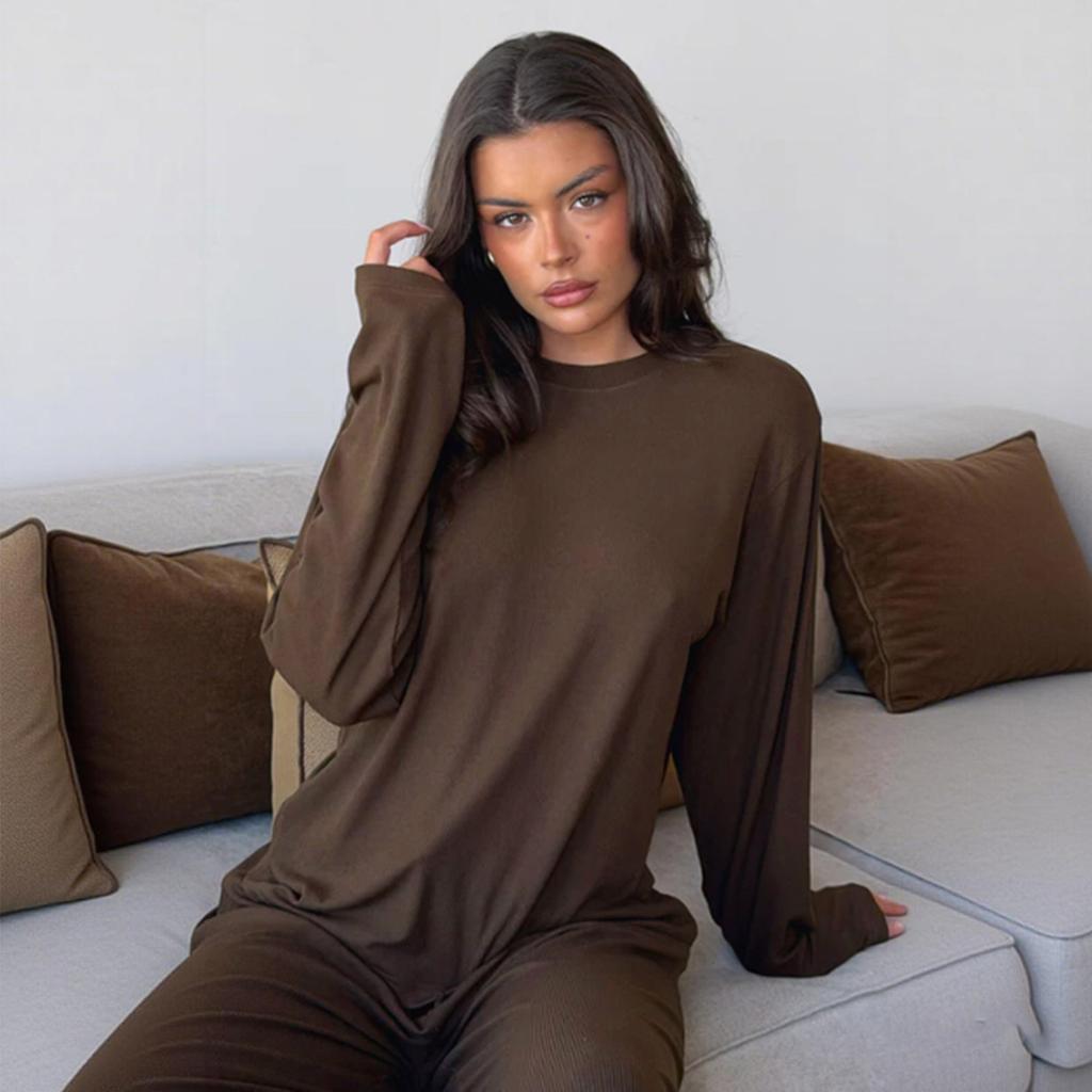 Women's 2-Piece Loungewear Set Loose Fit Long Sleeve Top with Wide Leg Pants Casual Matching Outfit