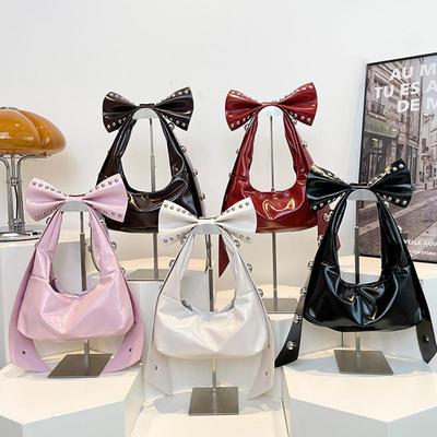 Rivets Bow Y2K Hobos Handbag and Purses for Women Trendy Shoulder Bag with Removable Bow Ladies PU Leather Armpit Bag CLE