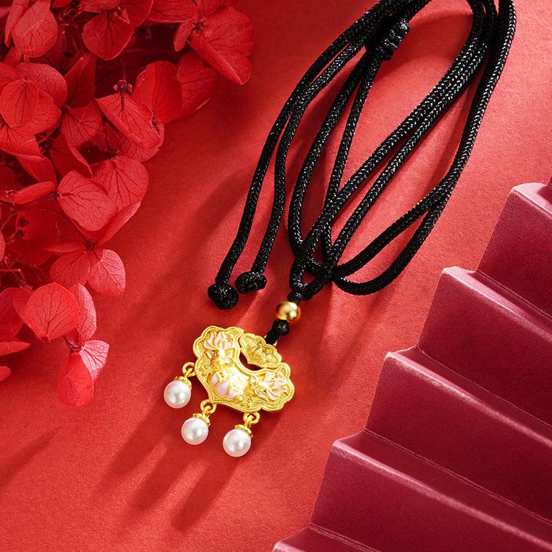Summer Ruyi Lock Lotus Imitation Pearl Braided Rope Necklace Pendant 60CM(Necklace Long)