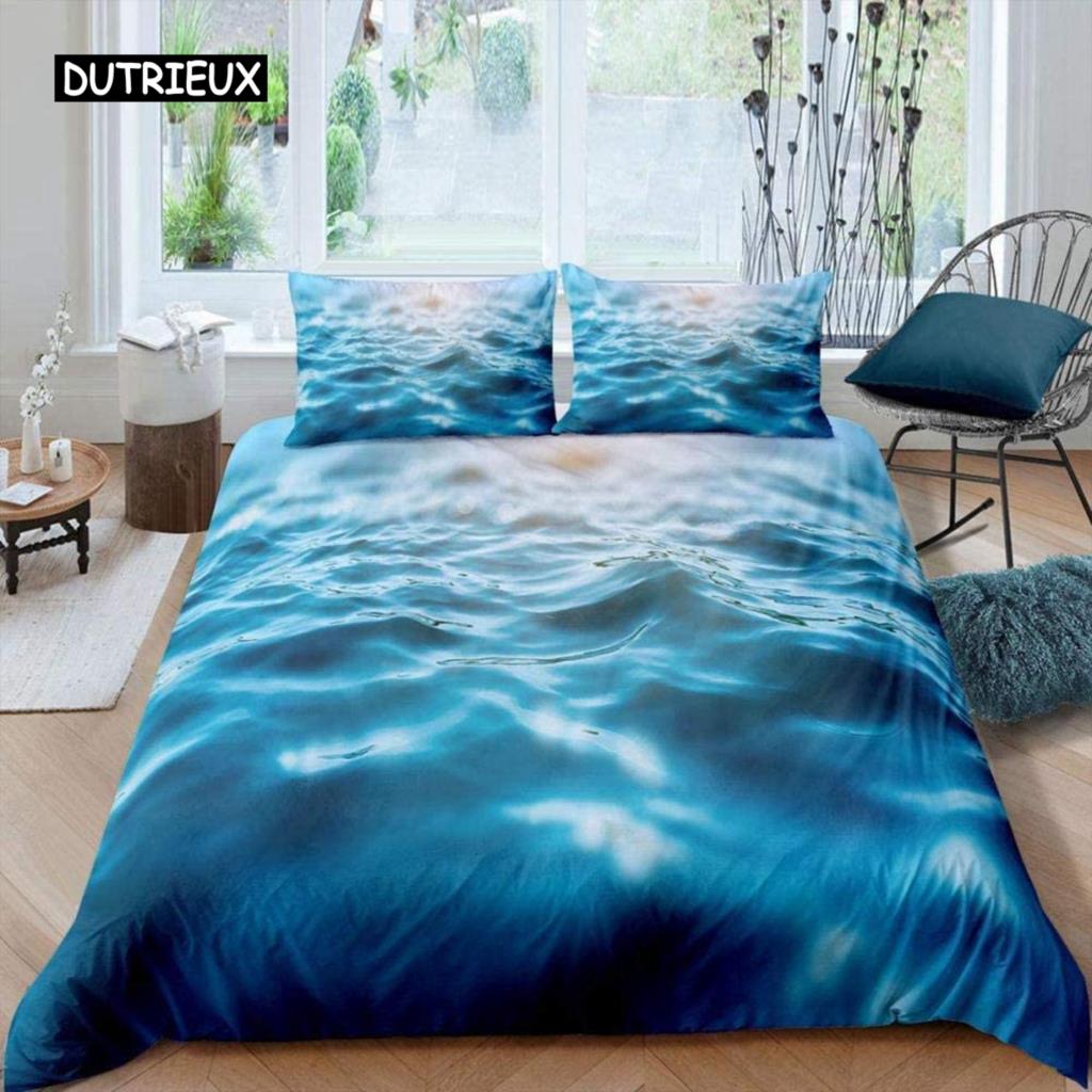 Ocean Wave Duvet Cover Set Beach with Foamy Waves Twin Bedding Set Polyester Sea Shore Holiday Theme Queen King Size Quilt Cover