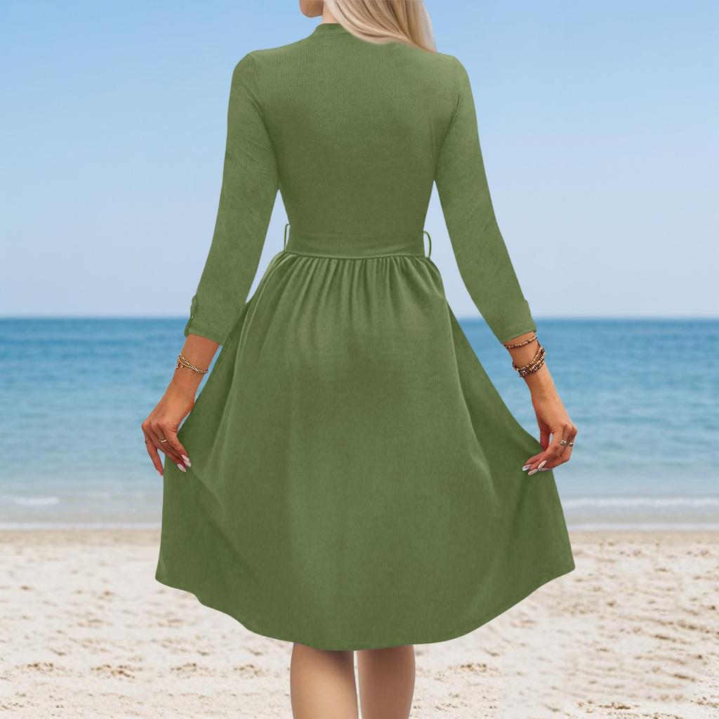 Women's Fashion Casual Belt Seven Sleeve Round Neck Color Temperament Dresses