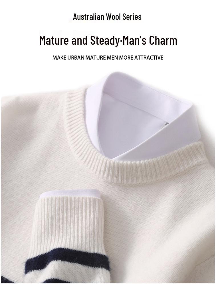 Men's Striped Pure Wool Round Neck Casual Thick Knit Sweater for Autumn & Winter