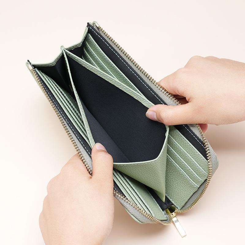 Leather RFID Anti-magnetic Anti-theft Brush Wallet Female Long Seven-character Zipper Fashionable Hand Wallet Can Put Mobile Phone Change